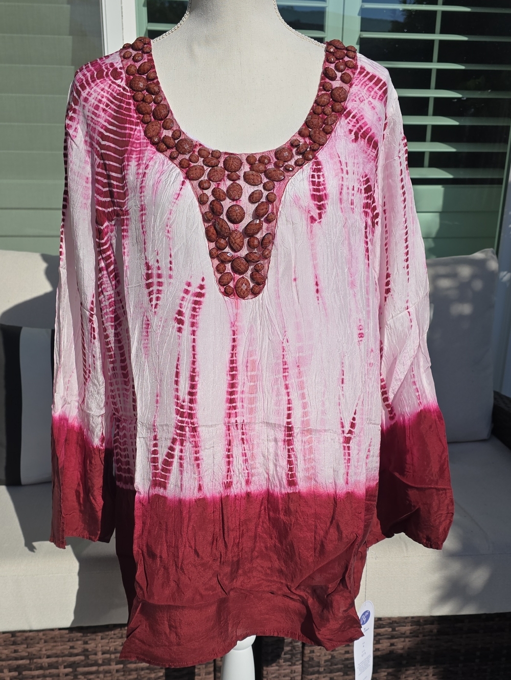 DG2 by Diane Gilman Pink and Burgundy Tie-Dye Scoop Neck Tunic with Bead Trim
